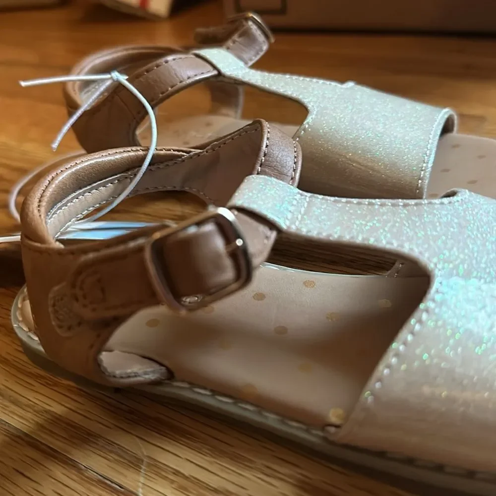 Girls Cat & Jack Summer Sandal Shoe Flat Gold Tan Glitter Shimmer Size 11 NWT